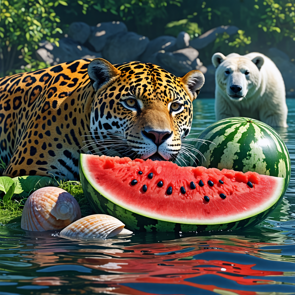 jaguar, watermelon, lake, seashell, manatee, ball, polar bear, scarecrow